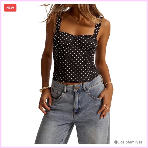 Y2K Corset Bustier Crop Top Sleeveless Polka Dots Sweetheart Neck
